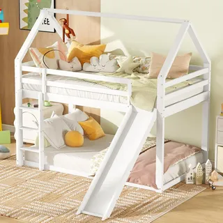 Flieks Etagenbett 90x200cm mit Rutsche, Kinderbett Hausbett mit Rausfallschutz, Hochbett mit Leiter, Holzbett Einzelbett, Weiß - Weiß