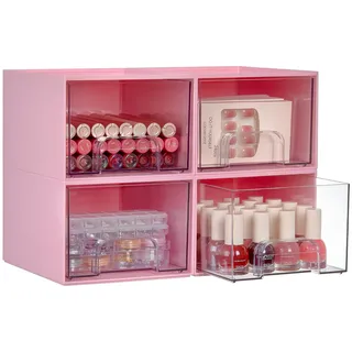 Vtopmart 4er-Set Kleine Stackable Storage Drawers, Acrylic Organiser, Aufbewahrung und Organisation for Dresser, Bathroom, Kosmetik, Küche, Vorratsschrank(Rosa)