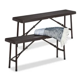 Relaxdays Bierbank Braun Holzoptik klappbar 2er-Set 100 cm , Dunkelbraun , Kunststoff, Metall , Gartenmöbel, Gartengarnituren, Gartenmöbel-Sets