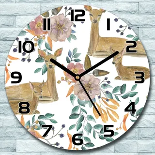 Wanduhr aus Glas Rund fi 30 Aquarell Hirsch Quarz Deko Schlafzimmer Büro