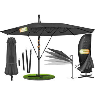 KESSER® Sonnenschirm Doppelsonnenschirm 4,6m x 2,7m | Ampelschirm Abdeckung & Windsicherung mit Kurbel & Ständer | Kurbelschirm Aluminium wasserabweisend | Neigbar Kippbar 360° Drehbar - Grau