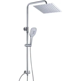 JOHO Edelstahl Duschset ohne Armatur, Chrom Duschsystem mit Regenduschset, Duschgarnitur, Handbrause mit 3 Strahlarten, Überkopfbrause eckig 25x25cm