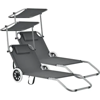 Sonnenliege 2er Set mit Sonnendach und Rollen Gartenliege Strandliege Liege [casa.pro] - Grau