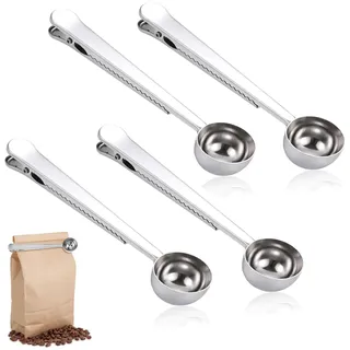 4 Stück Kaffee Scoop Clip, Edelstahl Kaffeedosierlöffel, Multifunktion Kaffeelöffel, Kaffeepulver Milchpulver Messlöffel, Kaffeezubehör, Kaffeedosierlöffel mit Beutelverschlußclip
