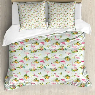 ABAKUHAUS Flamingo Bettbezug, Frische Flora Ananas, Milbensicher Allergiker geeignet mit Kissenbezügen, 155 cm x 220 cm - 80 x 80 cm, Mehrfarbig