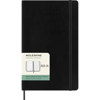 Moleskine Wochen-Notizkalender 2025-2026, 18-Monats-Wochenplaner mit Notizplatz, Weiche Einband und Gummiband, Großformat 13 x 21 cm, Schwarz