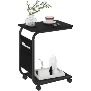 WOLTU Beistelltisch C-Form,Couchtisch mit 2 Ablagen 1 Seitentasche | auf Rollen,Schwarz,einfache montage,bis 10 kg,für Kaffee und Laptop,für Wohnzimmer,Schlafzimmer ,Büro
