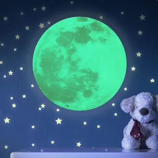 Paraboo Mond Aufkleber leuchtend [1 Stk.] - 30cm grün – Wandtattoo Leuchtmond für Kinderzimmer -Wandaufkleber selbstklebend für Kinder - Leuchtsticker