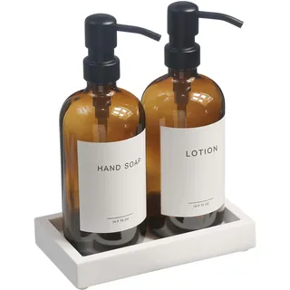 Seifenspender aus Glas mit Pumpe und Betonschale | Vintage Seifenspender Bad und Küche Set mit Spülseife, Handseife, Lotion wasserdichte Etiketten (Bernsteinflaschen/weiße Tary)
