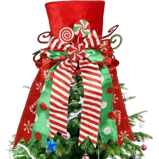 LATERN Weihnachtsbaum Spitze, 30CM Großer Roter Weihnachtsbaum Spitze Hut mit Gestreiftem Schleifenband und Lollipop für Zuhause Weihnachten Urlaub Winter Dekor Desktop Ornamente