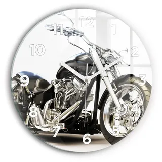Wallfluent Wanduhr – Stilles Quarzuhrwerk - Uhr Dekoration Wohnzimmer Schlafzimmer Küche - Zifferblatt - weiße Zeiger - 30 cm - Schwarzes Motorrad - Schwarz