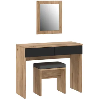 Forte DALATE Schminktisch 100, Konsolentisch mit passendem Wandspiegel und Hocker, 2 Schubladen, Holzwerkstoff, Holzdekor/Schwarz, 100,3 cm breit x 143,9 cm hoch x 41,3 cm tief