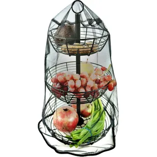 Auroni 3-stöckige - Obstschale mit Insektenschutz – Schwarz - runde Teller Ø29 cm, Höhe 47 cm – Obstkorb - Obstständer -für Obst & Snacks - Gemüse -