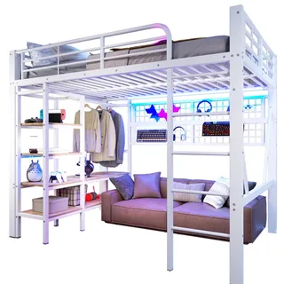 Stilvora Hochbett 140/200 cm in Weiß mit Ablagefach, Netz, Kleiderstange und Led , Metall, Holzwerkstoff , 140x200 cm , Babymöbel & Kindermöbel, Kinderzimmer & Jugendzimmer, Kinderbetten, Hochbetten
