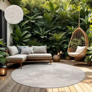 TT Home In-& Outdoorteppich Wetterfest Balkon Schlafzimmer Boho Skandi Motiv Unifarben Geometrische Optik Moderner Style Größe 200 cm Rund - Creme