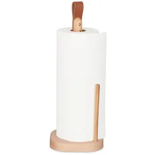 Relaxdays Küchenrollenhalter , Hellbraun , Holz, Leder , 13x35x13 cm , Küchenzubehör, Küchenhelfer, Küchenrollenhalter