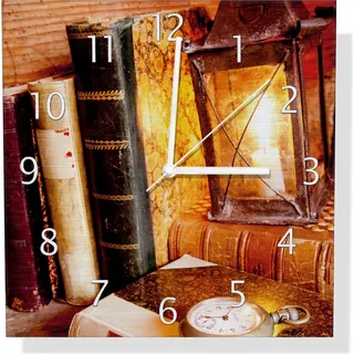 Wallario Design Wanduhr Antike Laterne mit Kerze alten Büchern und Taschenuhr aus Aluverbund, Größe 30 x 30 cm - Schwarz