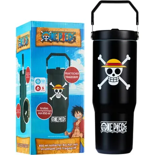 Get Trend One Piece Thermobecher Edelstahl 850ml, Isolierter Trinkbecher mit Strohhalm & Henkel, Auslaufsicher Trinkflasche, Heiß- & Kaltgetränke (Schwarz One Piece)