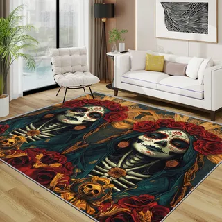 TerroVee Totenkopf Teppich 140x200 cm, Mexikanisch Día De Los Muertos Teppich Wohnzimmer, Halloween Vintage Gothic Kurzflor rutschfest Pflegeleicht Teppiche Für Jugendzimmer Schlafzimmer, Gold Rot