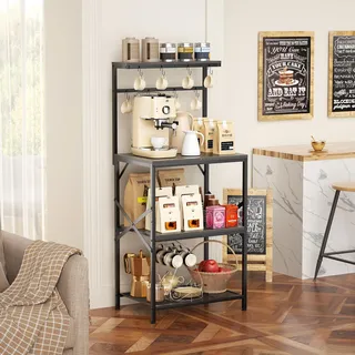 AIORBER Küchenregal mit 4 Ebenen und 8 Haken, Mikrowellenregal Metall Holz, Verstellbares Standregal für Kaffee Station und Küche, Stabil mit X-Streben Grau - Grau