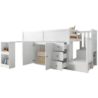 Redom Hochbett 90/200 cm mit ausziehbarem Schreibtisch, Schrank, Schubladen und Treppenschrank aus Mdf, Weiß , Holzwerkstoff , 90x200 cm , Babymöbel & Kindermöbel, Kinderzimmer & Jugendzimmer, Kinderbetten, Hochbetten