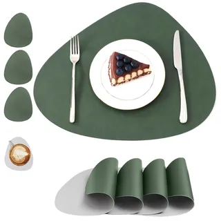 Duscdesp 4er Set Platzsets Abwaschbar,Tischset Oval Platzset Leder mit Untersetzer Teller Doppelseitigen rutschfest Platzdeckchen Tischsets für Tischdeko Küchenzubehör (Grün + Grau)