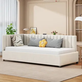 Schlafsofa mit Bettfunktion und Lattenrost, 90x200cm, Einzelbett, Polsterbett, Samt - Beige