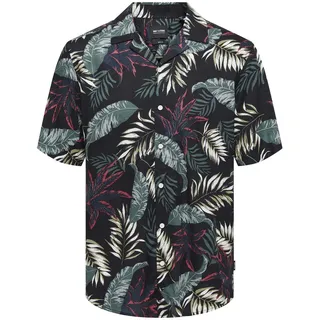 ONLY & SONS Herren Viskose Hemd ONSWayne Life Kurzarm mit Palmenprint 22028616 Black M
