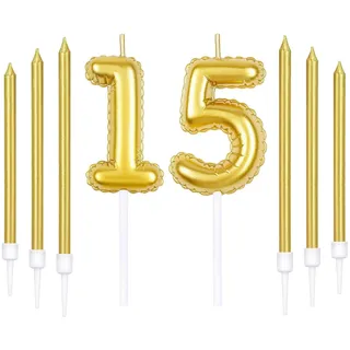Gold 15th Geburtstagskerze, Gold Zahl 15 Kerzen für Kuchen, Gold dünne Party Kerzen, Happy Birthday Kerzen, Gold Kuchen Kerzen Kuchen Toppers für Mädchen Jungen Frauen Männer Geburtstag Dekor