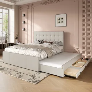 Flieks Polsterbett 140x200cm Doppelbett mit ausziehbarem Unterbett, Massivholzbett mit Lattenrost und 3 Schubladen, Stauraumbett Gästebett Tagesbett - Beige