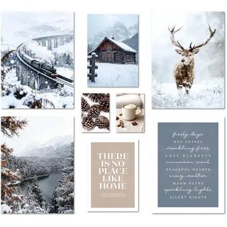 ARTFAVES® Poster Set - WINTER DREAMS - mehrteilige Wanddeko Wohnzimmer & Schlafzimmer - 8 moderne Wandbilder Schnee, Reh, Natur - ohne Bilderrahmen