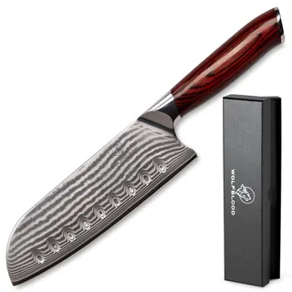 Wolfblood Damastmesser Santoku Messer XL (30cm) TÜV geprüfter 62 HRC Damaststahl aus 67 Lagen I Damast-Küchenmesser Santokumesser mit Kirschholzgriff Geschenkbox und Klingenschutz