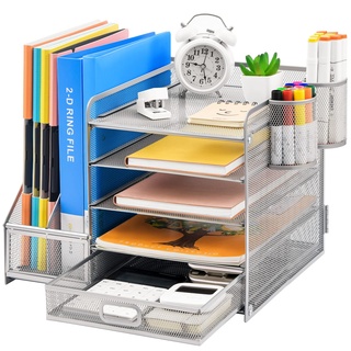 Marbrasse Schreibtisch Organizer mit Aktenhalter,5Tier Briefablage Ablagefächer mit Schublade und 2 Stifthalter,Mesh Desktop Schreibtisch mit Zeitschriftenhalter für Bürobedarf(Silber)