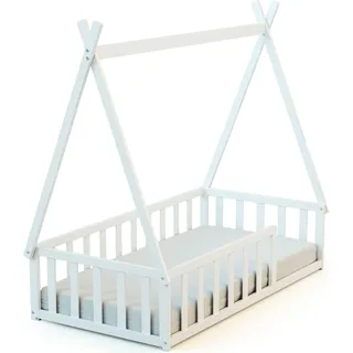 WEBABY - Holzbodenbett 70 x 140 cm Weiß |Gitterbett mit Lattenrost inklusive | Schlafkomfort | Autonomie | MassivHolz | Cabane - Weiß