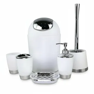 6tlg Badset Badezimmer Zubehör Set Organizer: Seifenspender, Zahnputzbecher, Kosmetikeimer, WC Bürste und Halter, Seifenschale, Mülleimer, Zahnbürstenhalter, Badgarnitur (Weiß Design 1)