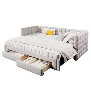 Redom Tagesbett 90/200 cm aus Samt, ausziehbar mit 2 Schubladen und quadratischer Rückenlehne, Beige , Textil , 90x200 cm , Schlafzimmer, Betten