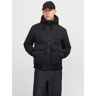 Bomberjacke JACK & JONES "JJCONSTRUCT BOMBER mit glänzender Oberfläche", Herren, Gr. XS, schwarz, Web, Obermaterial: 100% Polyester, unifarben, slim fit, Rippbündchen, Jacken Bomberjacke