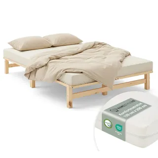 Homestyle4u Holzbett mit Matratze 120/200 cm natur , Naturfarben , Holz , Kiefer , 120x200 cm , Schlafzimmer, Betten