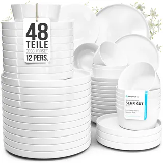 Porzellan Geschirrset 12 Personen Crystal 48 tlg. TESTSIEGER, Cooles klares Porzellan Geschirr Set, Schüssel- und Teller Set, Tafelservice 12 Personen, Geschirrsets Pure Living in weiß