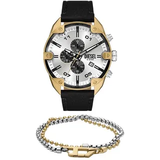 Diesel Herren Spiked Schwarze Lederuhr und D Logo Armband aus mehrfarbigem Edelstahl, Set