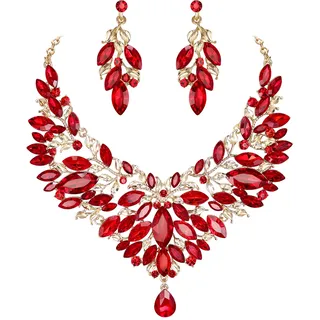 Clearine Braut Schmuck-Set Marquise-Kristall-Strass-Cluster-Statement-Halskette und baumelnden Ohrringe set für Damen Hochzeit Party Rubinroter Goldton