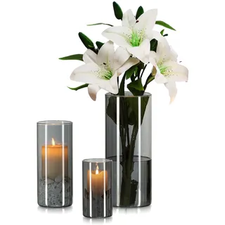 Hewory Vase Schwarz für Deko Wohnung: 3 Vasen Set Schick Blumenvase Modern Glasvasen für Tischdeko - Schönes Glasvase Zylinder Windlicht Glas Schwarz Vase Grau für Geschenk Freundin Esstisch Deko