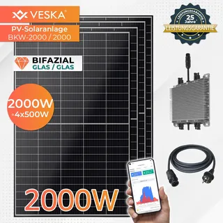 Balkonkraftwerk 2000W Bifazial Photovoltaik Glas/Glas Solaranlage Komplettset WIFI Smarte Mini-PV Anlage 2000 Watt