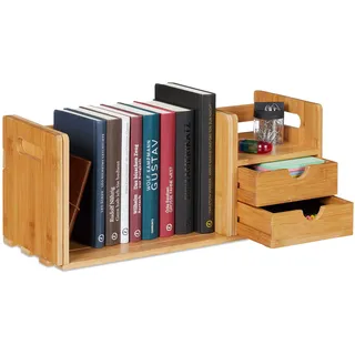 Relaxdays Schreibtisch Organizer Bambus, 2 Schubladen, Bücherregal ausziehbar, Ablage, HxBxT: 21 x 80,5 x 19 cm, Natur, Hellbraun
