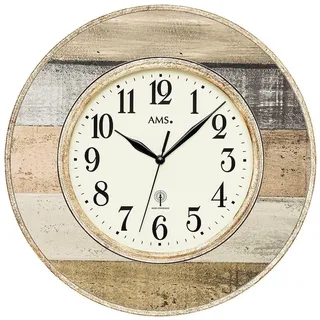 AMS 5975 Wand Dekouhr Funkuhr Funktechnik Wanduhr Rund Vintage Antik Landhaus Stil Kunststoffgehäuse in Holz dekor- Optik