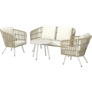 Gartenmöbel Set aus Polyrattan Lounge-Set mit 2er Sofa Sessel Tisch Kissen wetterfest Sitzgruppe für 4 Personen Outdoor Balkonmöbel Set Terrassenmöbel für Garten Balkon Terrasse Khaki | - Grün, Weiß