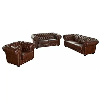 Ledersofa Sofagarnitur Sofa Couch Polster 3+2+1 Chesterfield Sitz Garnitur Neu - Braun