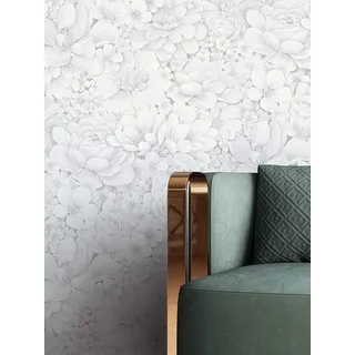 Newroom Vliestapete Weiß Blumen Blumentapete Wohnzimmer | 3D-Optik mit plastischen Pfingstrosen und Dahlien, hellgraue Schatten, Mustertapete, Wandtapete, skandinavisch, Schlafzimmer