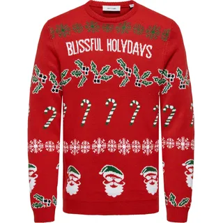 Strickpullover ONLY & SONS "ONSXMAS REG 5 ALLOVER CREW KNIT", Herren, Gr. XXL, rot (pompeian rot), Strick, Obermaterial: 100% Polyacryl, gemustert, festlich, regular fit normal, Rundhals, Rippbündchen, Pullover Strickpullover