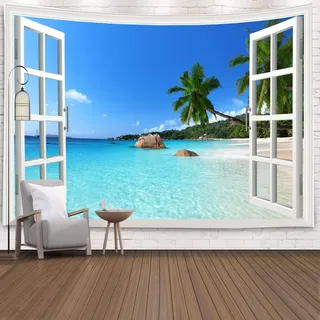 Tapisserie Natur, Mee Strand Palme Natur Landschaft Wandteppiche Dekoration für Wohnzimmer Schlafzimmer (Blau Weiß, 240x220cm)